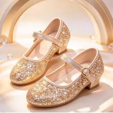 Light Luxury Elegant Girls' Gold Sequin Princess Shoes, Low Heel Crystal Party Shoes, Adjustable Buckle, Suitable For Birthday, Party, Stage, Holiday Outfits - Champagne - View 1