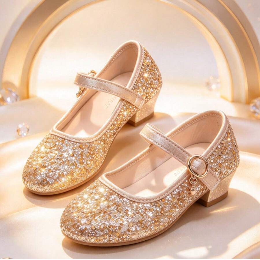 Light Luxury Elegant Girls' Gold Sequin Princess Shoes, Low Heel Crystal Party Shoes, Adjustable Buckle, Suitable For Birthday, Party, Stage, Holiday Outfits - Champagne - View 1