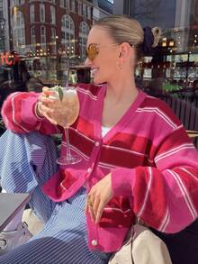 Women's Casual Pink Striped Cardigan, Medium Stretch, Long Sleeve Button-Up Knit Sweater - Multicolor - View 2