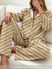 Women's Plus Size Vintage Geometric Print Set, Includes Long Sleeve Button-Down Shirt And Wide Leg Pants, Casual Autumn Outfit - Coffee Brown - View 6