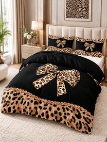 3pcs Black Background Yellow Leopard Print Large Bow Pattern Duvet Cover Set (1 Duvet Cover + 2 Pillowcases, No Fill), Soft And Breathable Fabric, Machine Washable, Suitable For All Seasons, Bedroom And Guest Room Bedding Decor - Multicolor - View 5