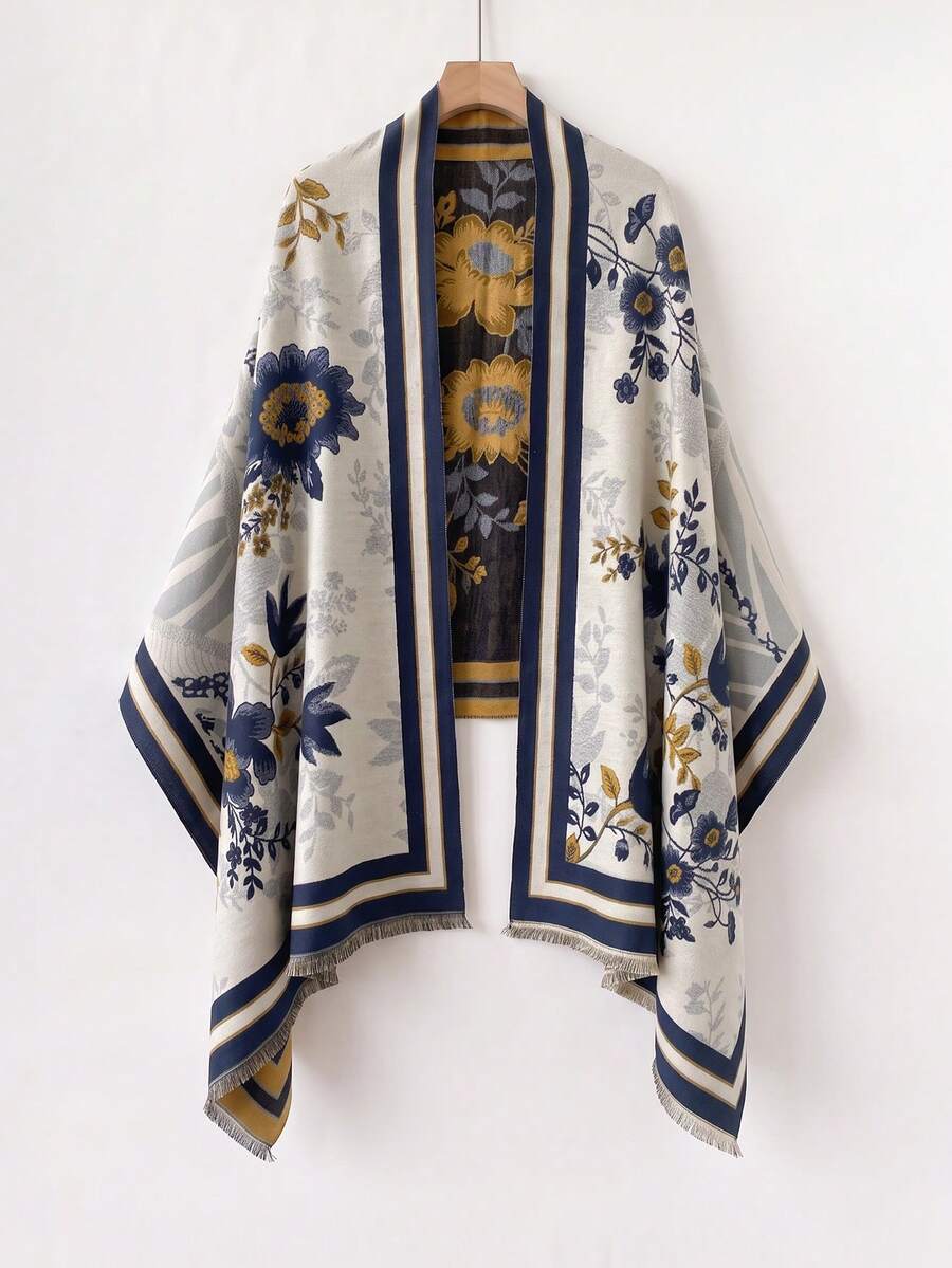 1件仿羊絨優雅花卉圖案提花保暖圍巾，女款，冷氣房毯，秋冬戶外旅行防寒裝飾圍巾披肩，適合日常搭配，送禮首選 - 彩色 - 查看 1