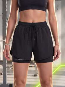 Women's 2-In-1 Fitness Sports Shorts, Quick-Dry Double Layer Design With Phone Pocket And Towel Loop, Running Training Workout Shorts - Black - View 9