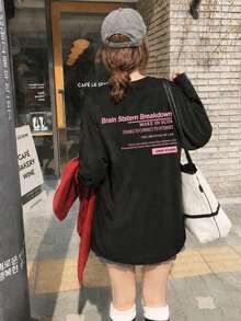 Women's Round Neck Long Sleeve T-Shirt, Spring/Autumn New Letter Graphic Print, Fashion Casual Versatile Loose Fit Top - Black - View 2