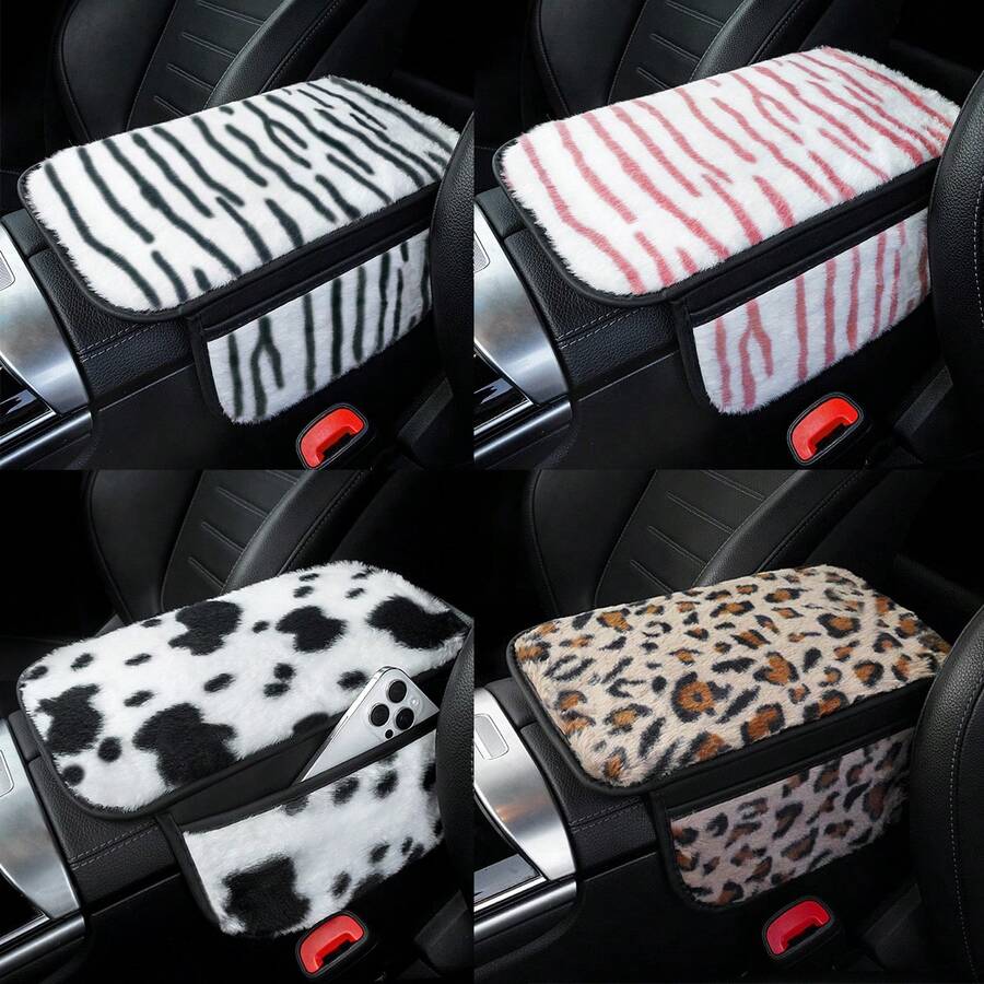 Winter Plush Car Armrest Pad, Center Console Armrest Storage Bag, Universal Size, Elastic Band Easy Installation, Car Interior Accessories - Multicolor - View 1