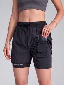 Women's 2-In-1 Fitness Sports Shorts, Quick-Dry Double Layer Design With Phone Pocket And Towel Loop, Running Training Workout Shorts - Black - View 7