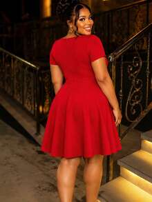AOMEI Plus Size Christmas Red Square Neck Mini Dress Short Sleeve Front Bow Tie Elegant Evening Dinner Party Date Night A Line Dresses - Red - View 6