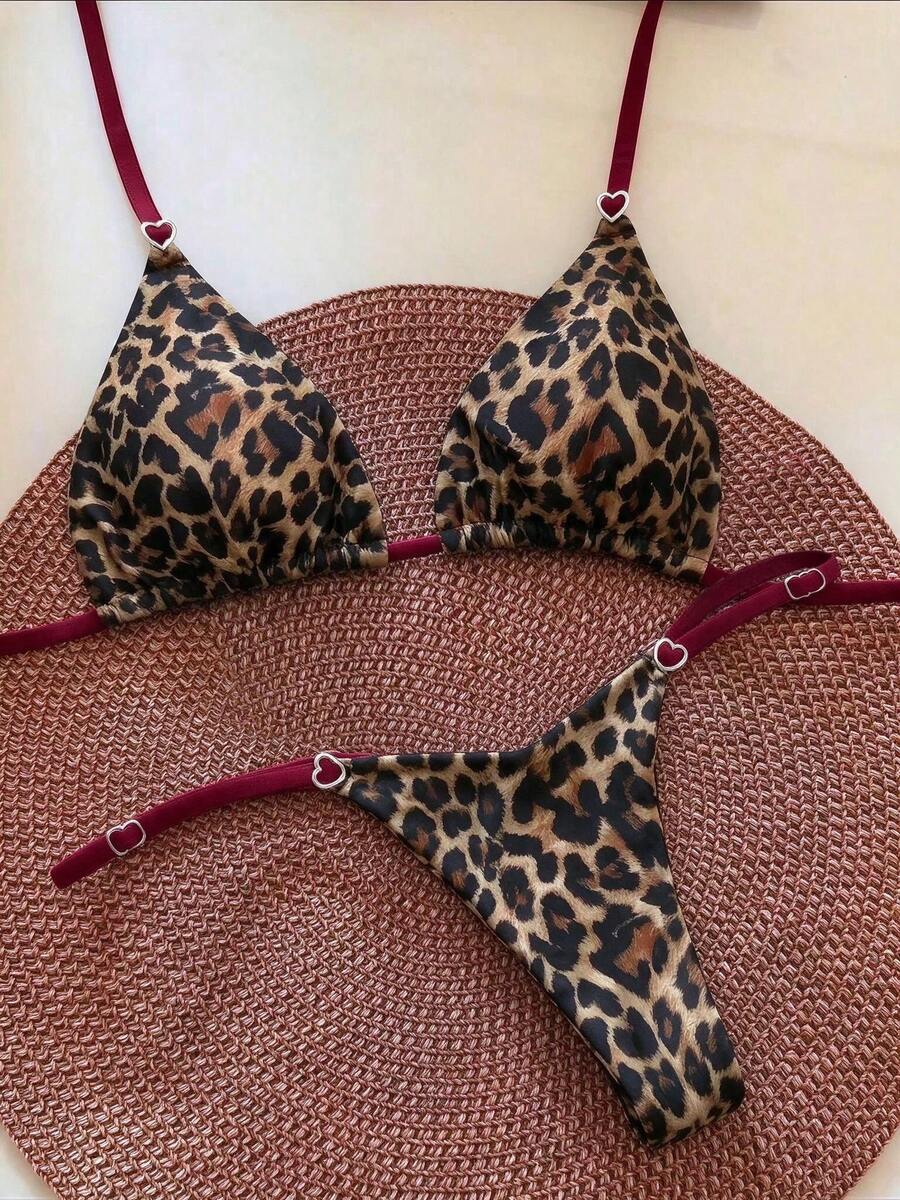 Women's Leopard Print Bikini Set With Heart-Shaped Ring Decor. Features Triangle Cup Design, Spaghetti Strap, Sweet And Stylish. Vacation Beach Summer - Multicolor - View 1