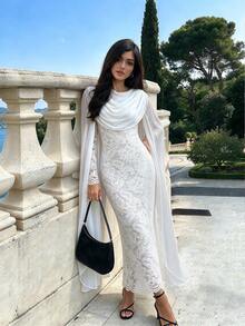 Lace French Romantic Women's Wedding Date Cowl Neck Cape Drape Chiffon Contrast Lace Elastic Slim Fit Elegant Dress - White - View 2
