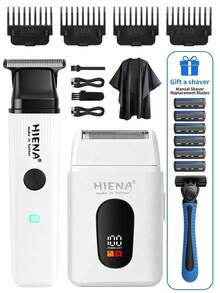 HIENA 男士家用理髮器與刮鬍機電動套組，適用於造型、剪髮、面部刮鬍，USB 快充，5 種顏色可選，附 4 個限位梳，初學者易上手，居家禮物、節日禮物、朋友禮物（買 2 件理髮器套組贈 1 把手動刮鬍刀） - 白色 - 查看 12