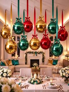 12pcs 22-Inch Christmas 4D Foil Balloon Set, Red, Blue And Gold Round Hanging Balloons, Disco Ball Balloons, Red Green Gold Christmas Decorations, With Ribbon And Glue Dots, Christmas Ceiling Party Decor - View 8