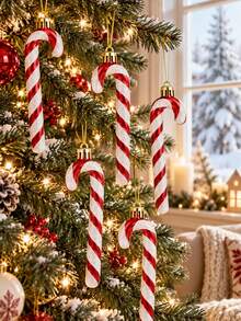 12pcs Red Shiny Candy Cane Christmas Tree Decorations, 5.5 Inch Plastic Candy Cane Hanging Ornaments, Christmas Decor And Gifts, Christmas Decorations, Christmas Tree Hanging Ornaments, Fireplace Decor, Stairway Hallway Decor, Christmas Gifts, DIY Gift Decorations, Window Decor Candy Cane, Red Christmas Tree Decorations - Red - View 2