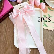 1PC Pink Satin & Transparent Ribbon Hair Accessory, Elegant Layered Long Tail Bow Hair Clip For Women, Coquette Balletcore Style, Romantic Hair Decoration For Wedding, Date, Party, Daily Wear And Spring Fashion - Pink - View 8