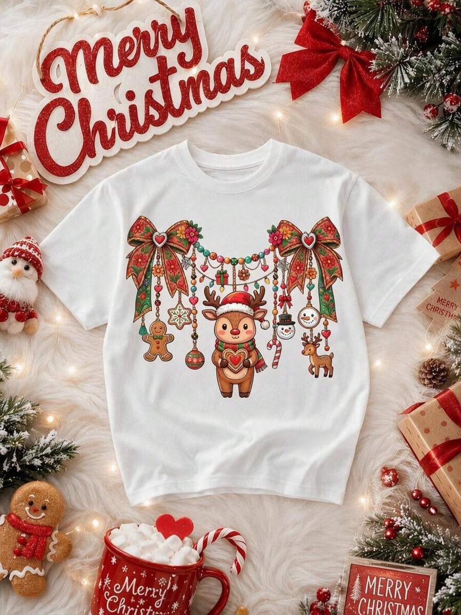 1 Piece Girls Christmas Reindeer Print Short Sleeve T-Shirt, Soft Relaxed Casual Style for Holiday Parties and Daily Wear - Blanco - Ver 1