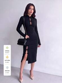 SUNSTORY Women's Autumn Black Stand Collar Frog Button Long Sleeve Slit Modified Cheongsam Dress, New Chinese Style Elegant, Suitable For Dating, Evening Party, Party, Store Visiting, Daily Wear - Black - View 2