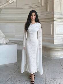 Lace French Romantic Women's Wedding Date Cowl Neck Cape Drape Chiffon Contrast Lace Elastic Slim Fit Elegant Dress - White - View 3