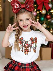 1 Piece Girls Christmas Reindeer Print Short Sleeve T-Shirt, Soft Relaxed Casual Style for Holiday Parties and Daily Wear - Blanco - Ver 2