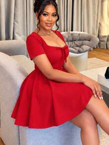 AOMEI Plus Size Christmas Red Square Neck Mini Dress Short Sleeve Front Bow Tie Elegant Evening Dinner Party Date Night A Line Dresses - Red - View 7
