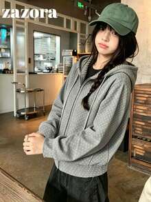 Korean Vintage Polka Dot & Striped Casual Versatile Slimming Patchwork Hooded Sweatshirt Jacket For Women - Grey - View 1