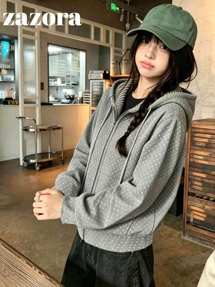 Korean Vintage Polka Dot & Striped Casual Versatile Slimming Patchwork Hooded Sweatshirt Jacket For Women - Grey - View 1