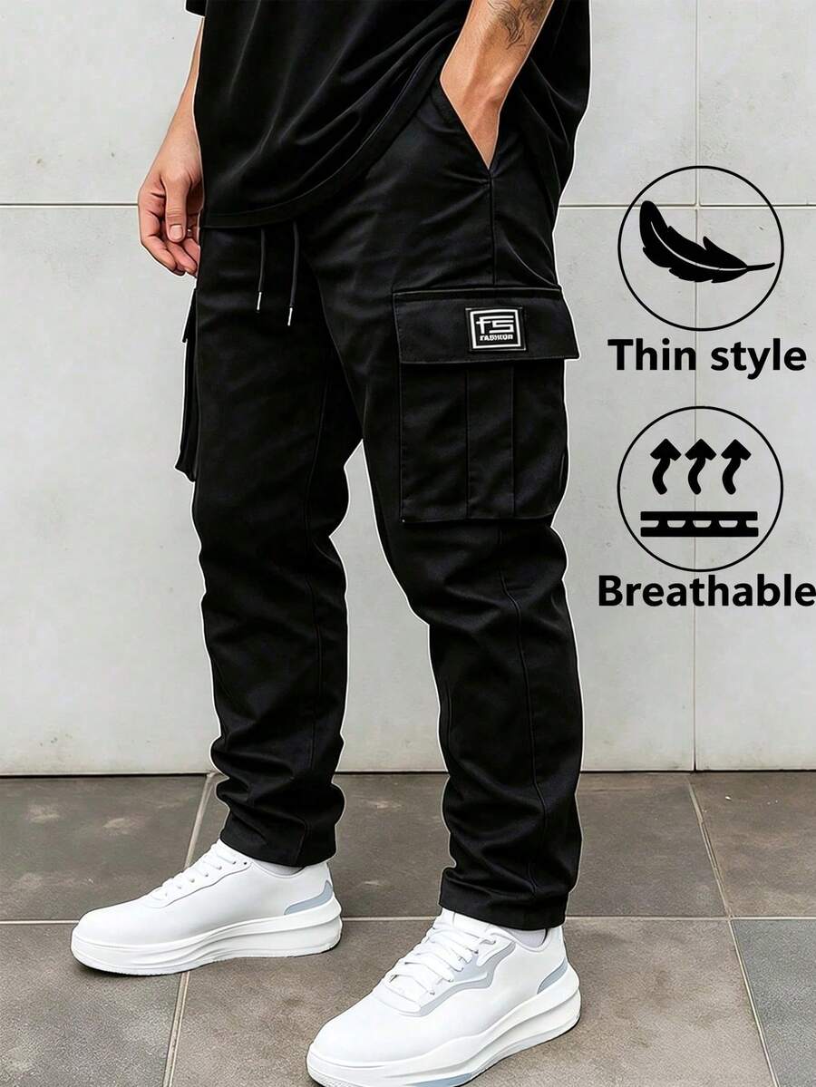 Men's Spring/Autumn Lightweight Thin Casual Fashion Versatile Straight Leg Long Pants, Outdoor Multi-Pocket Cargo Fitted Breathable Trousers - Black - View 1