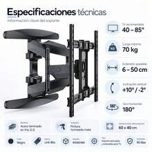 Articulating Wall Mount TV Bracket 40 To 85 Inches, Swivel And Tilt Extendable Arm, Max Load 70 Kg, Compatible With LED LCD Smart TV Screens, Reinforced Steel, Black, B4085N66 - Black - View 3
