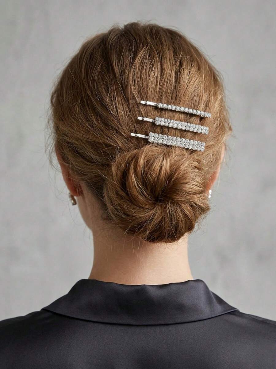 3pcs/Set Classic Geometric Long Silver Rhinestone Hair Clips, All-Match Versatile Minimalist Luxury Full Rhinestone Straight Hair Clips For Women, Daily Wear, Layering, Wedding, Evening Party, Date, Photo Shoot, Updo Styling, Side Clips - Silver - View 1