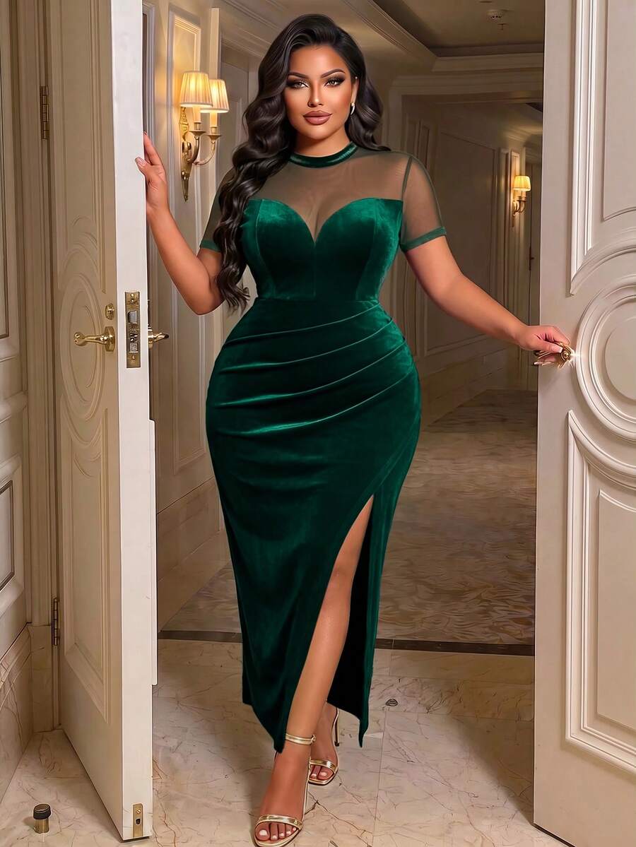 BIUBIU Plus Size Women's Velvet Short Sleeve Formal Evening Gown, Green Fitted Long Dress With Pleated Slit And Sheer Round Neck, Suitable For Prom And Evening Party - Dark Green - View 1