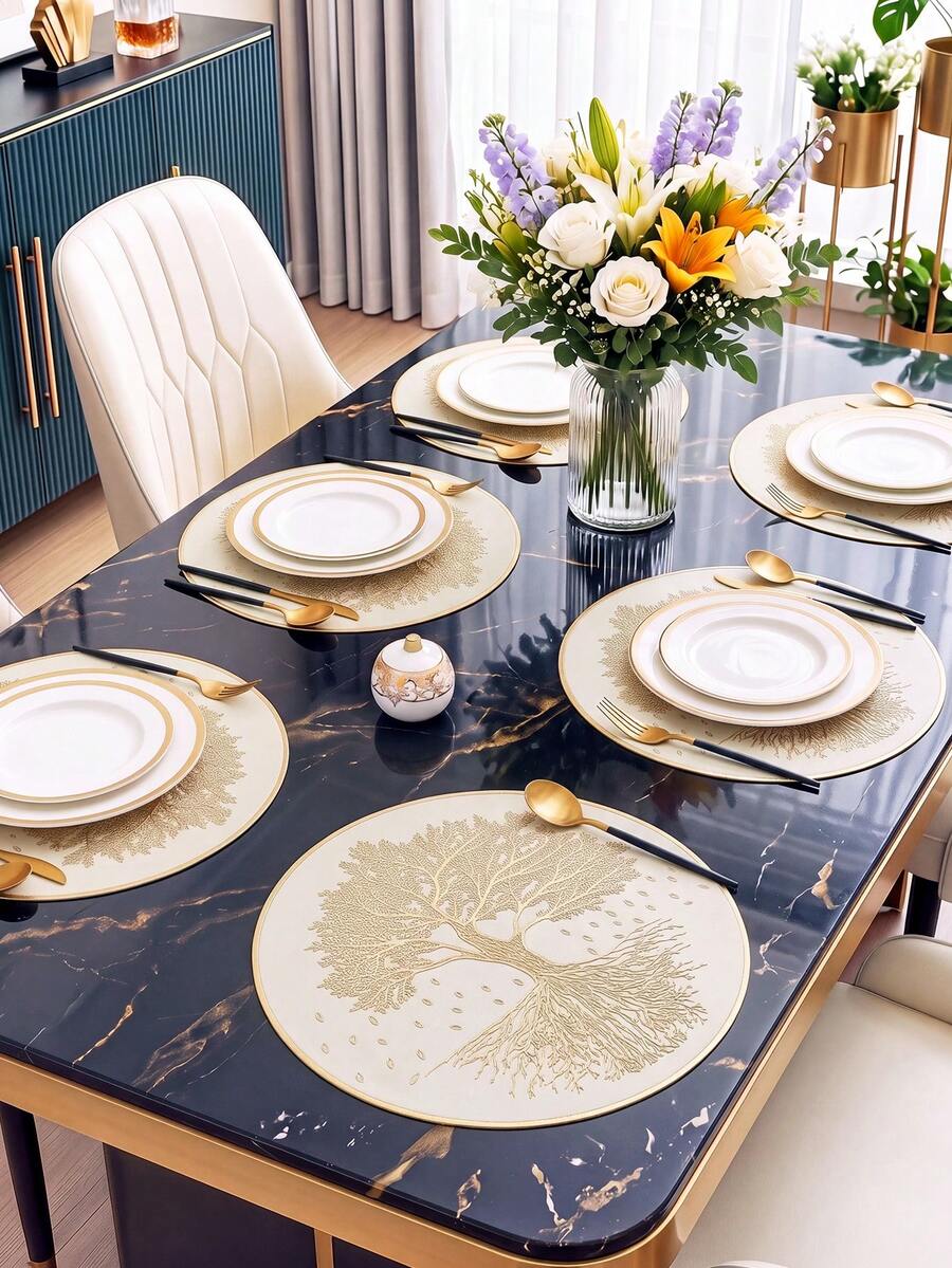 Tkvega • Home 12pcs Gold Tree Placemats, PVC Material 3D Embossed Texture, Round Luxury Style Heat-Resistant Mats, Beautiful Vase Mats 38cm, Washable, Easy To Clean, Wipeable, Non-Slip, Heat-Resistant, Suitable For Room Decoration, Home Dining Table Decoration, Home Decor, Perfect For Holidays, Parties, Birthdays, Weddings And Dinner Parties - Multicolor - View 1