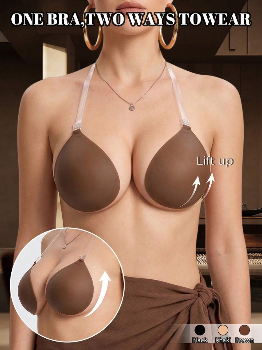 1pc Breathable Spaghetti Strap Adhesive Bra, Thin Push-Up Lifting Invisible Breast Pads, Suitable For Wedding Dress And Camisole - Multicolor - View 1