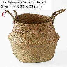 Natural Seagrass Handwoven Rattan Storage Basket, Foldable Planter, Laundry Basket, Home Garden Belly-Shaped Flower Pot, Home Decor - Maroon - View 13