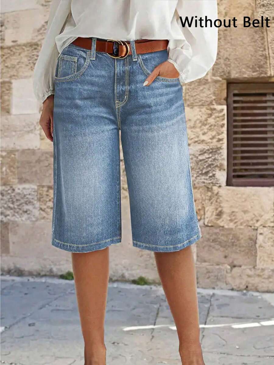 Women's Casual Straight Loose Low Waist Denim Bermuda Shorts, Commuting Style, Summer - Light Wash - View 1