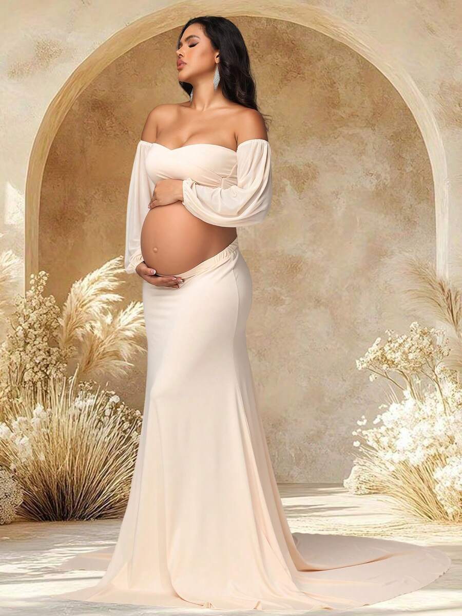 JustVH 2pcs Maternity Lantern Sleeve Tube Top & High Slit Maxi Dress, Suitable For Photo Shoot And Baby Shower Spring Fall - Apricot - View 1