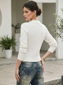 Women's Fall & Winter Clothing, White Polo Collar Long Sleeve Button Cable Knit Cardigan, Preppy Style, Thanksgiving Christmas Outfit - White - View 2