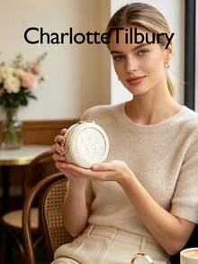 Charlotte Tilbury Elegant Round Coin Purse Charm, White Diamond Stitched Zipper Clutch Pouch, Storage Pendant For Coins & Makeup - Off-white - View 6