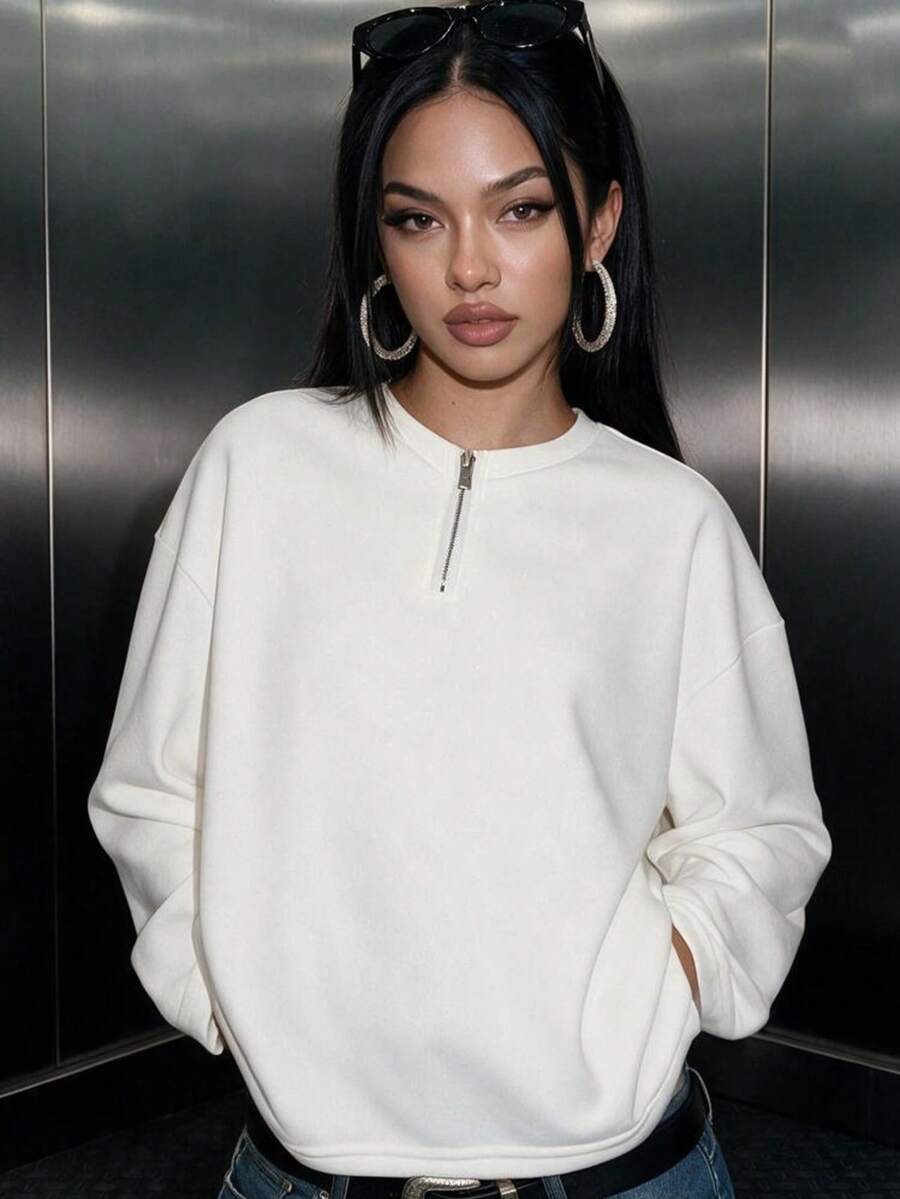 Clean Fit,Women's Casual Half Zip Up Longline Oversized Long Sleeve Sweatshirts For Daily,Fall Winter Clothes,Winter Fall Outfit,Going Out,White - White - View 1