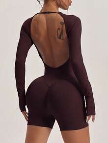Women's Black Long Sleeve Backless Romper, Tummy Control Butt Lifting Elastic Tight Fit, Suitable For Yoga, Pilates, Gym Workout And Casual Wear - Coffee Brown - View 6