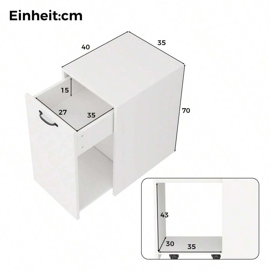 Contenedor con ruedas de 35x40x70 cm, archivador móvil con cajón y compartimento abierto, contenedor de oficina extensible, montable a la derecha o a la izquierda, archivador con ruedas para carpetas, libros y uso en la oficina en casa, color blanco. - Tablero de partículas blanco y negro - Ver 1