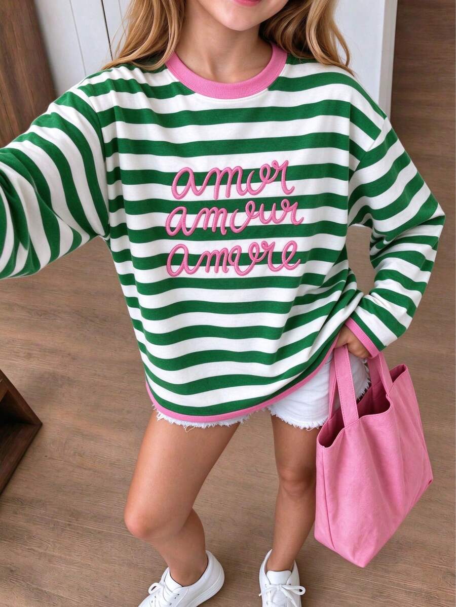1pc Girls French Style Green & White Striped Amor Towel Embroidery Long ...