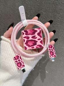 Pink Wine Red Leopard Print Charger Cable Protector, Compatible With IPhone 14 Pro Max, Suitable For 18/20W Fast Charging Cable Winder, Anti-Breakage Tangle Storage Protector, Gift For Boyfriend/Girlfriend, Compatible With IPhone 13/12/11 - Multicolor - View 4