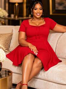 AOMEI Plus Size Christmas Red Square Neck Mini Dress Short Sleeve Front Bow Tie Elegant Evening Dinner Party Date Night A Line Dresses - Red - View 3