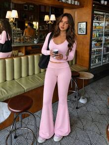 Vuslat Women's Winter Minimalist Casual Sports Solid Color Versatile 2 Pieces Set, Suitable For Yoga, Fitness, Daily Commute, Campus - Pink - View 3