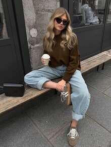SEREN Women's Brown Crew Neck Knit Sweater, Autumn/Winter Drop Shoulder Long Sleeve Pullover, Casual, Loose Fit, Perfect For Daily Wear - Olive Coffee - View 2