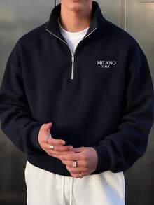 Men's Navy Blue MILAN Letter Half-Zip Polo Sweatshirt - Navy Blue - View 1