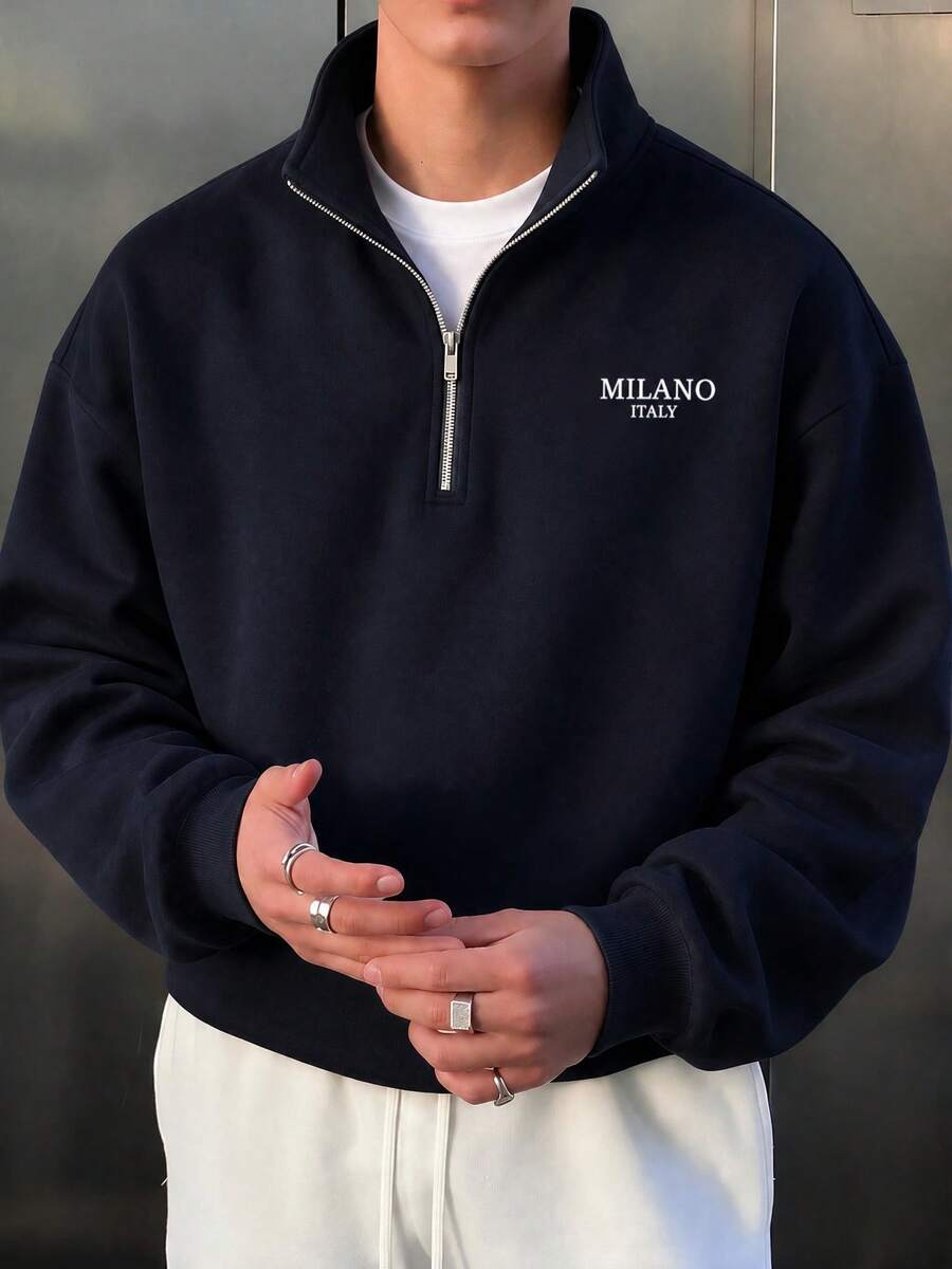 Men's Navy Blue MILAN Letter Half-Zip Polo Sweatshirt - Navy Blue - View 1