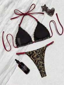 Women's Leopard Print Bikini Set With Heart-Shaped Ring Decor. Features Triangle Cup Design, Spaghetti Strap, Sweet And Stylish. Vacation Beach Summer - Multicolor - View 4