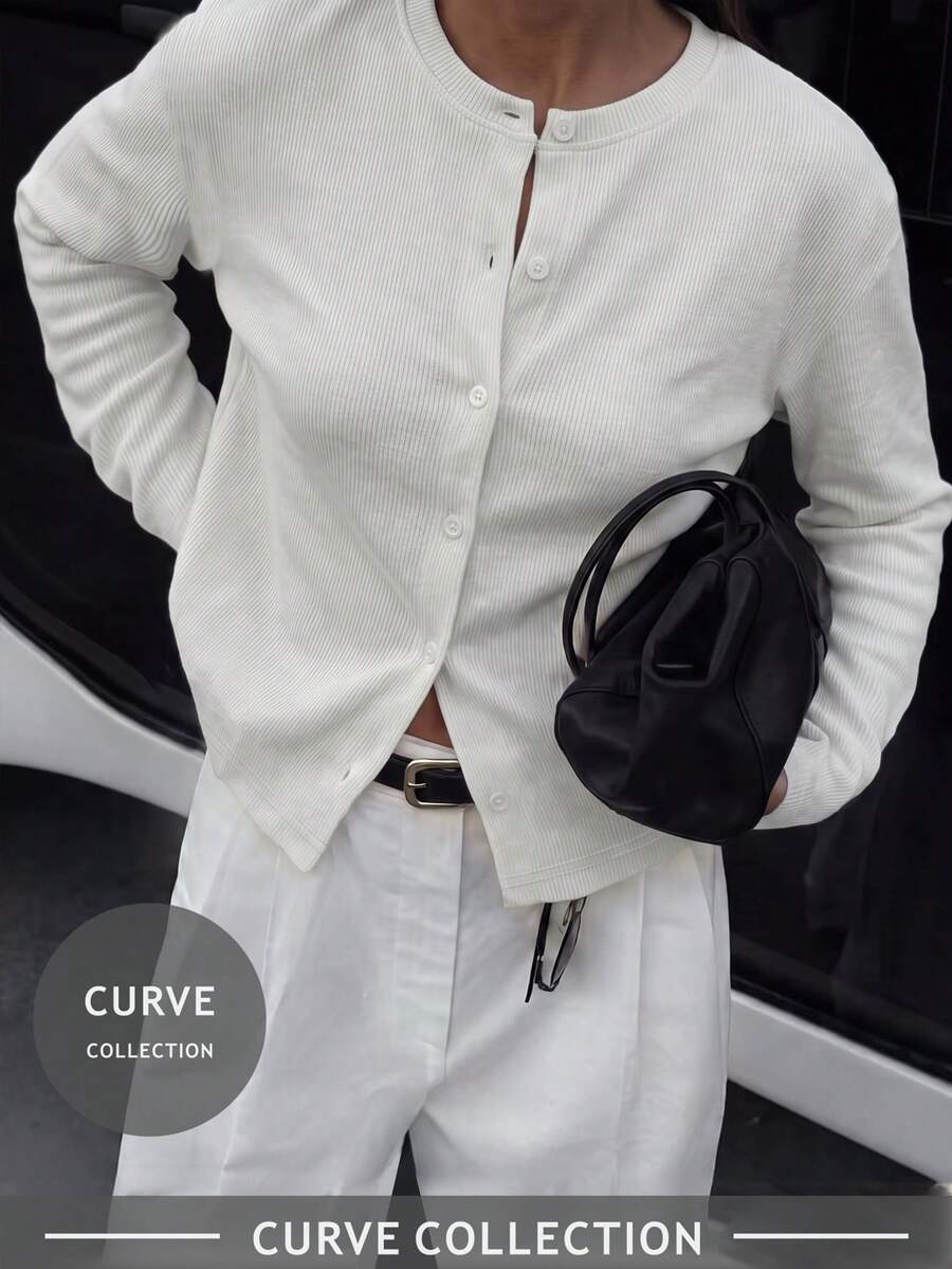 Women's Plus Size Ribbed Knit Cardigan Long Sleeve Button Up Top, Casual Commute, Halloween Christmas Outfit - White - View 1