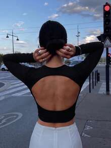 Women Crew Neck Long Sleeve Backless Crop Top, Slim Fit Solid Basic Tee, Y2K Going Out Top For Daily Casual, Club Night Out & Streetwear Look - Black - View 1