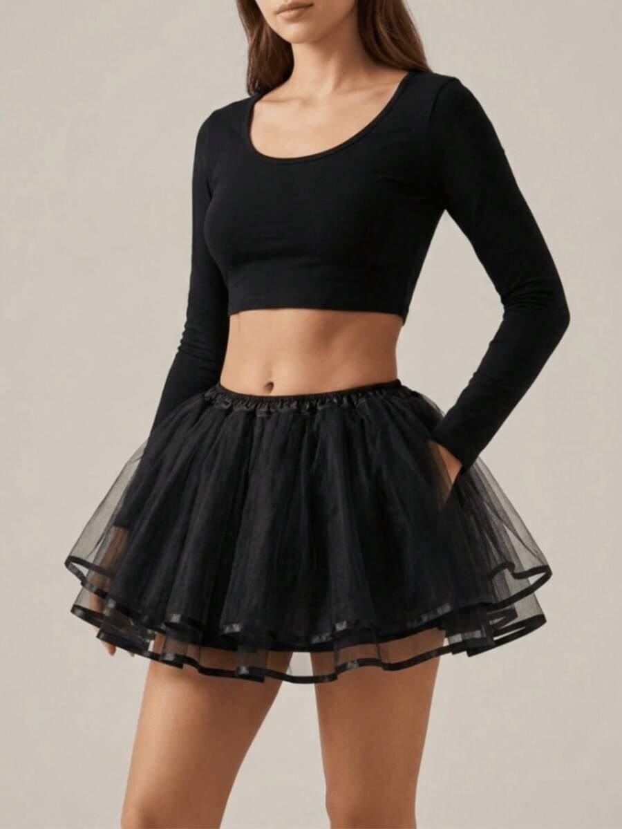 1pc White & Black Cute Boneless Petticoat, Women's Ballet Skirt, Ribbon Style, Halloween Style - Black - View 1