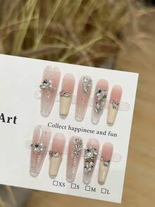 10pcs Long Coffin Shape Nail Tips, Exquisite Fake Nails, Autumn/Winter Handmade Press-On Nails, High-End Nude Pink Blush Long Style, Luxury Rhinestone Embellished Women's Nails, Suitable For Daily, Christmas, Party Wear - Baby Pink - View 4